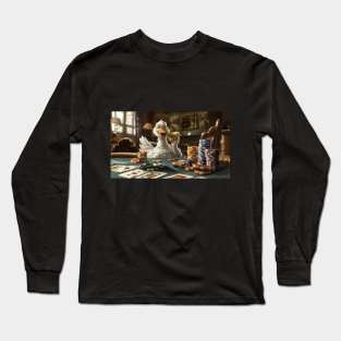 Crazy duck is playing poker and eating sandwich Long Sleeve T-Shirt